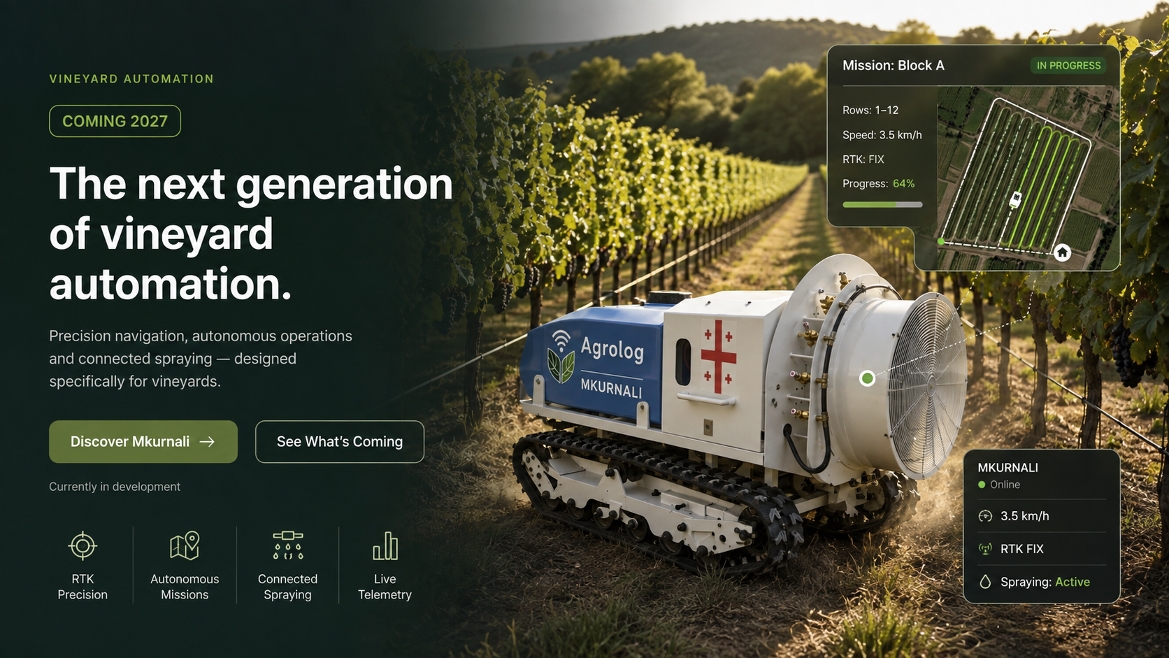 Agrolog Mkurnali autonomous vineyard crawler with mission planning and live telemetry