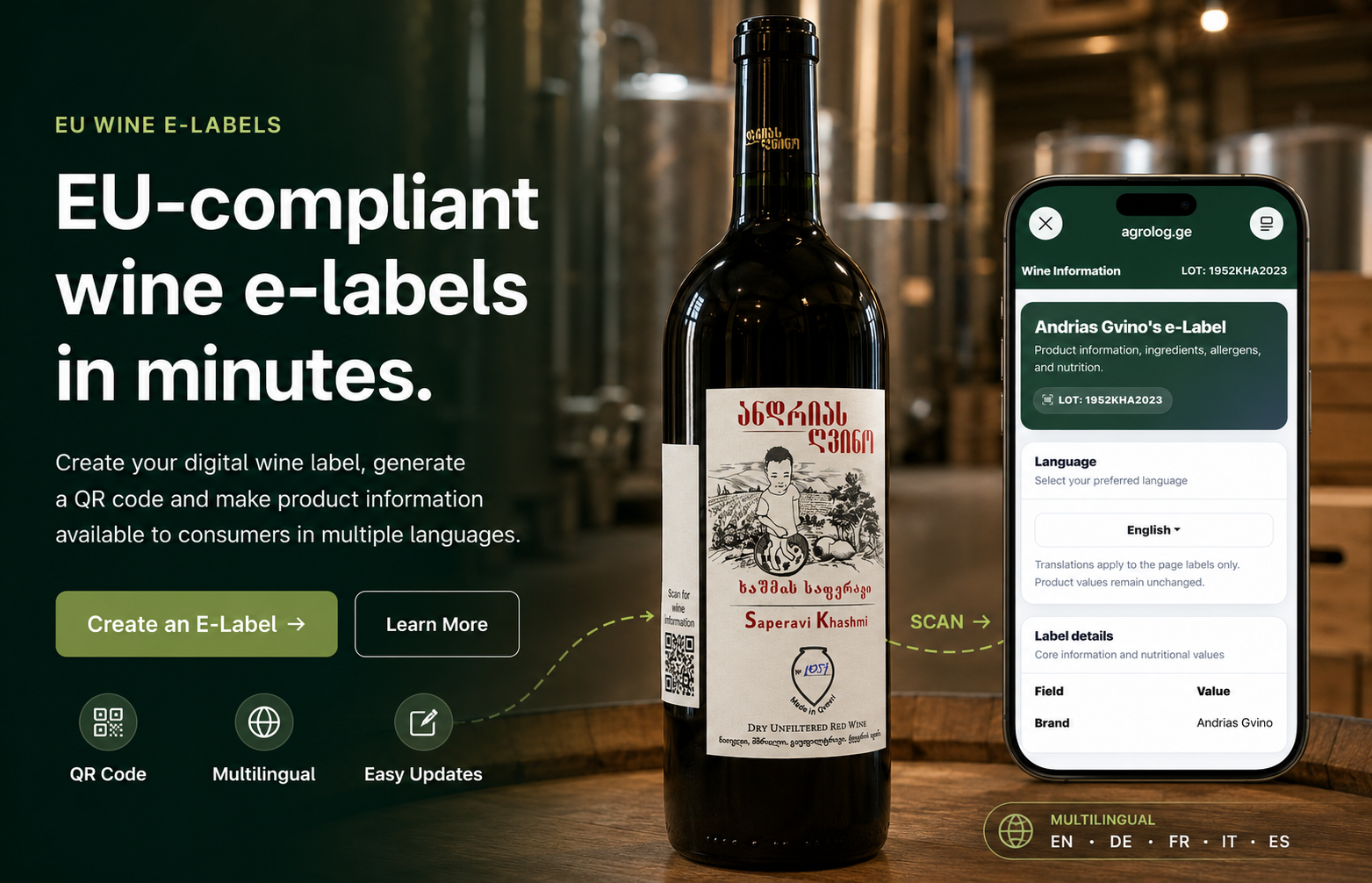 Agrolog EU wine e-label with QR code and multilingual consumer information